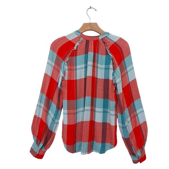 Anthropologie Pilcro Breeze Plaid Blouse Womens XS Red Blue Button Raglan Sleeve - Picture 2 of 12